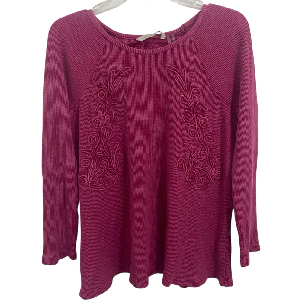 Soft Surroundings Camden Waffle Knit Top Embroidered Raspberry Red Pink Medium